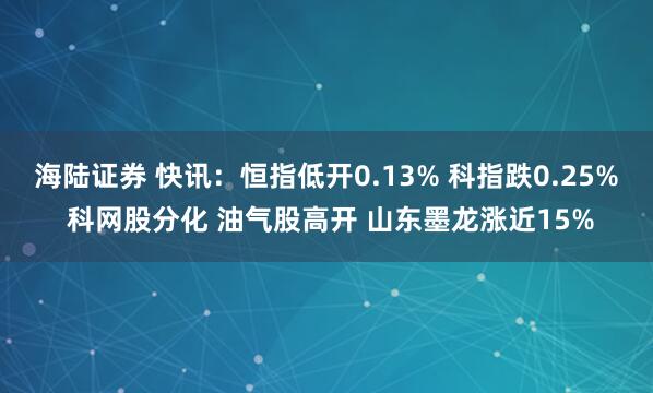 海陆证券 快讯：恒指低开0.13% 科指跌0.25% 科网股分化 油气股高开 山东墨龙涨近15%